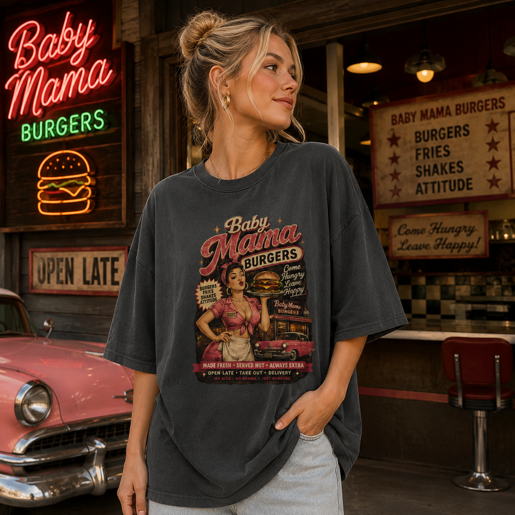 Baby Mama Burgers Premium Oversized Faded T-Shirt | 18+ Funny Streetwear Tee | Brandabubble