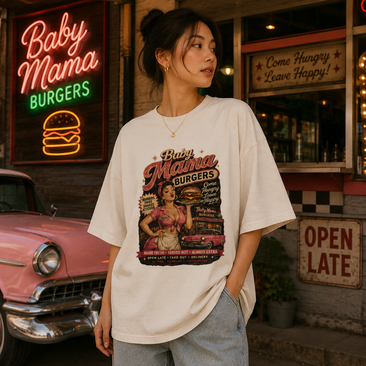 Baby Mama Burgers Premium Oversized Faded T-Shirt | 18+ Funny Streetwear Tee | Brandabubble