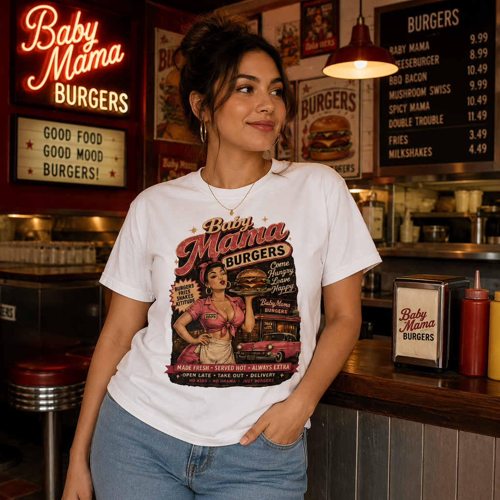 Baby Mama Burgers Premium Unisex Heavyweight T-Shirt | Garment-Dyed Cotton Tee | 18+ | Brandabubble