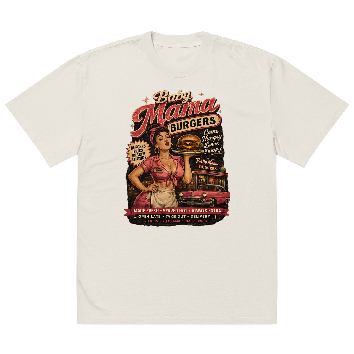 Baby Mama Burgers Premium Oversized Faded T-Shirt | 18+ Funny Streetwear Tee | Brandabubble - Brandabubble