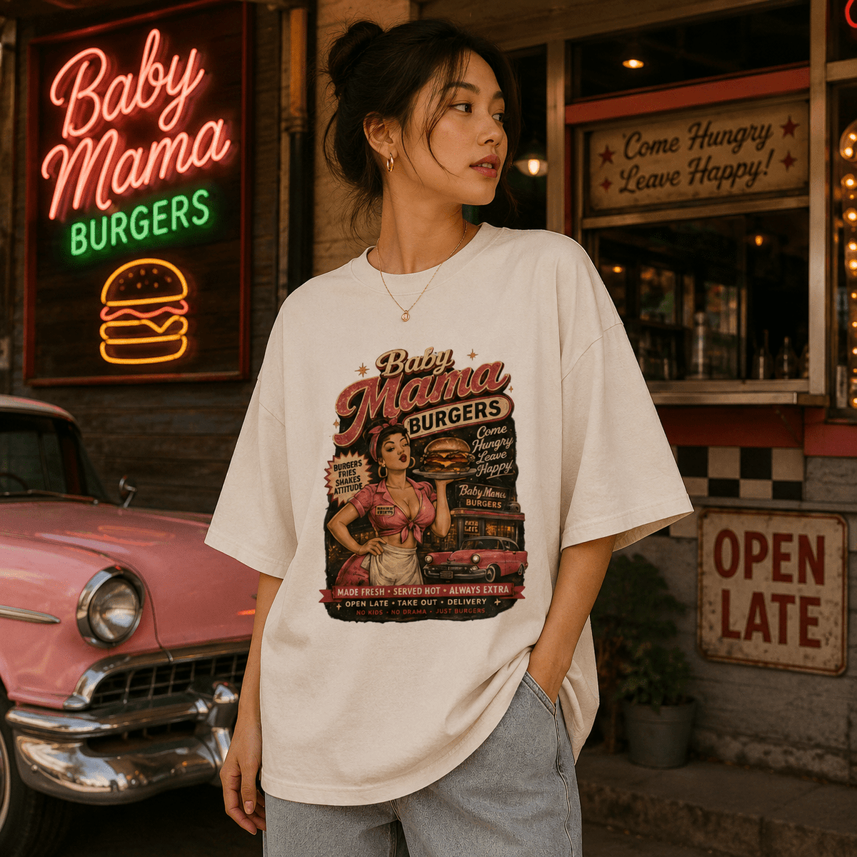 Baby Mama Burgers Premium Oversized Faded T-Shirt | 18+ Funny Streetwear Tee | Brandabubble - Brandabubble
